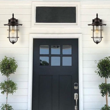 Westfield 10.5" Iron/Seeded Glass Rustic Industrial Cage LED Outdoor Lantern - JONATHAN Y